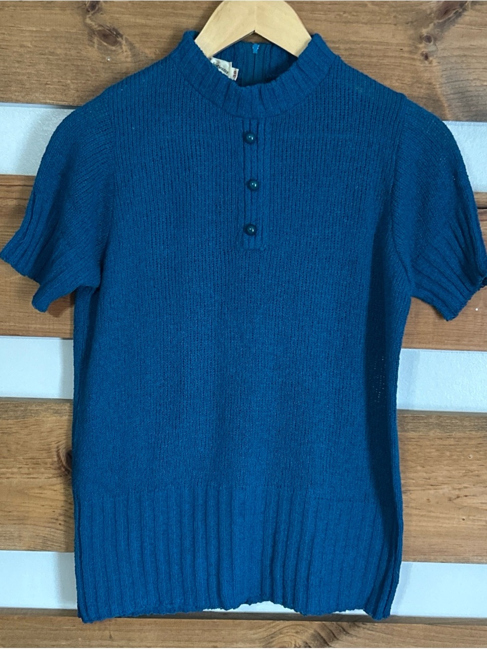 Country Sophisticates Solid Teal Blue Mid-Neck Short Sleeve Knit Sweater Size S